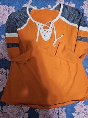 Women’s Lace-Up Colorblock Pullover Top - Orange